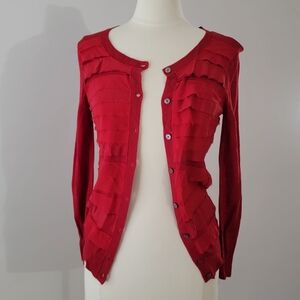 DKNY Red Silk Knit V-Neck Button Down Long Sleeve Cardigan Sweater Women Size S